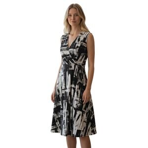 Simply Vera Vera Wang Black White Abstract Brushstroke Faux Wrap Midi Dress Med
